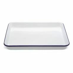 Falcon - Enamel Bake Tray Rectangular White & Blue 31cm